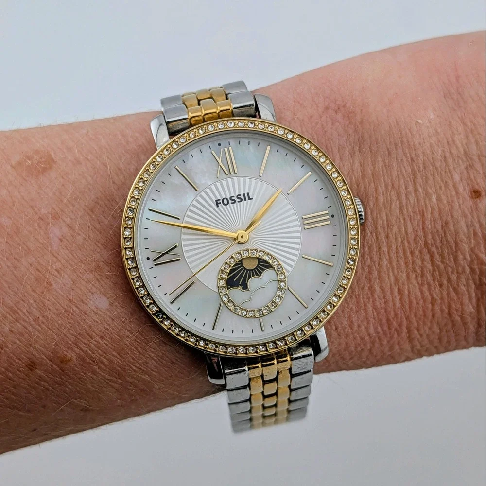 Fossil Jacqueline ES5166 Women's Watch Sun Moon MOP Dial Crystal Bezel Two-Tone